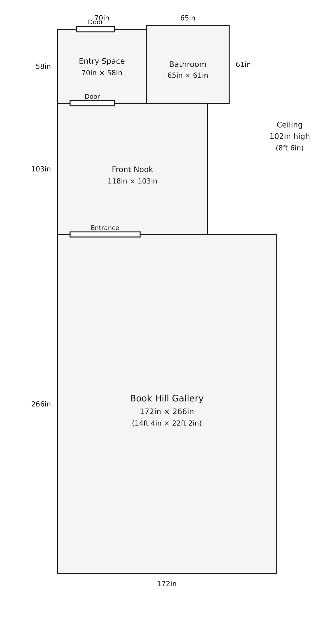 Book Hill Gallery floor plan showing the main gallery room, front nook, bathroom, and dimensions